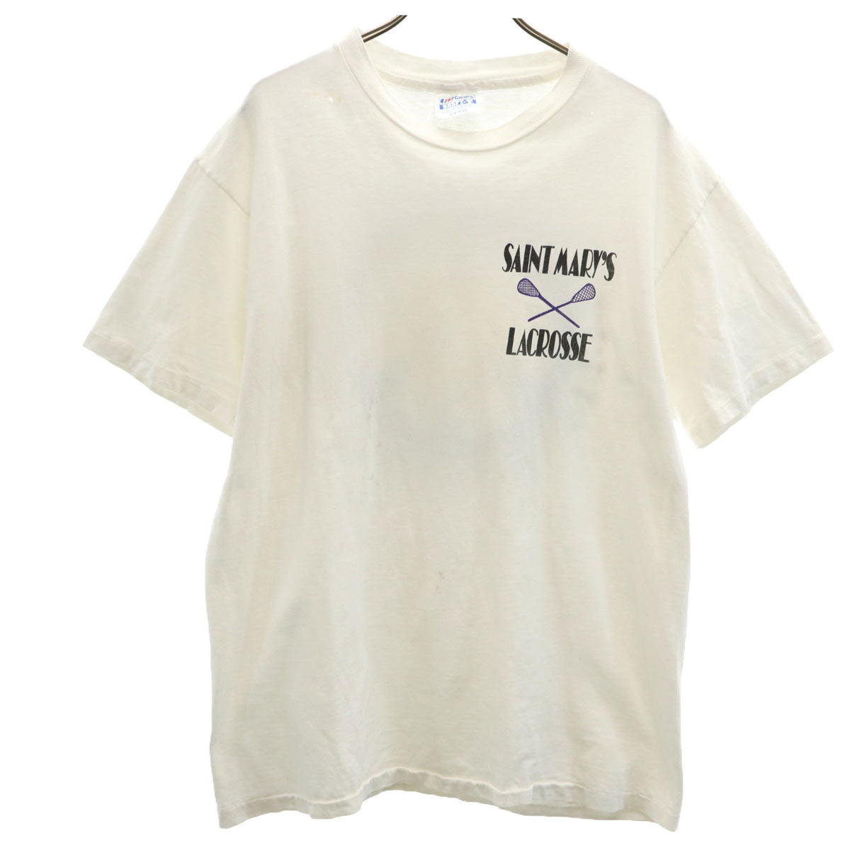 Hanes ヘインズ 80s 90s USA製 オールド バックプリント ラクロス 半袖 Tシャツ L ホワイト シングルステッチ メンズ