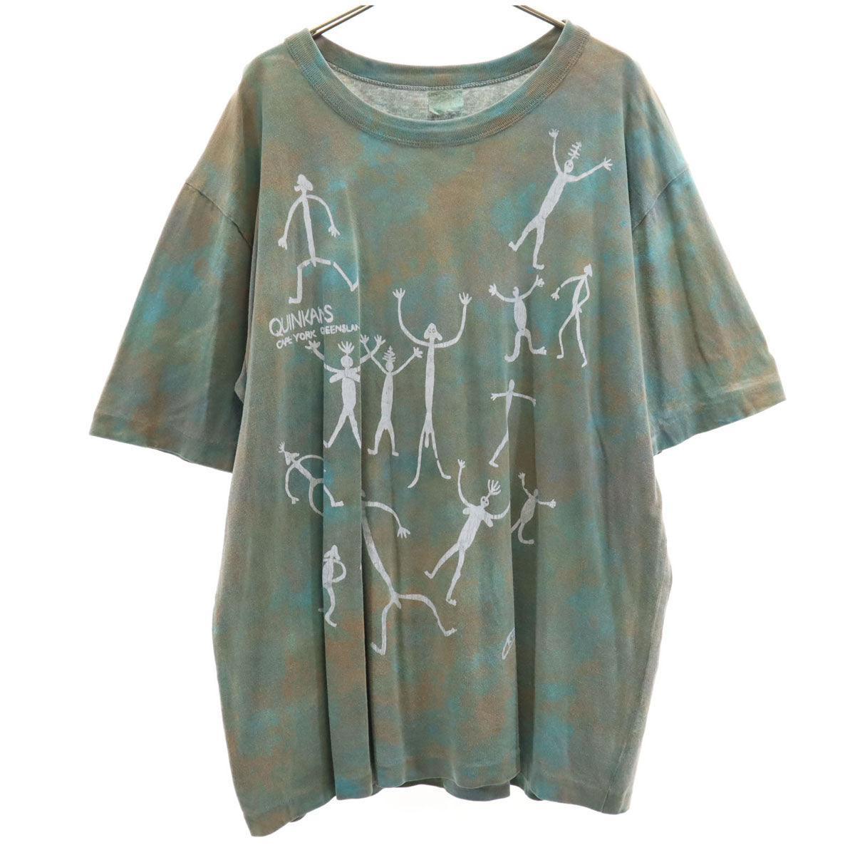 90s オールド QUINKANS 岩絵 半袖 Tシャツ カーキグレー系 シングルステッチ アート メンズ