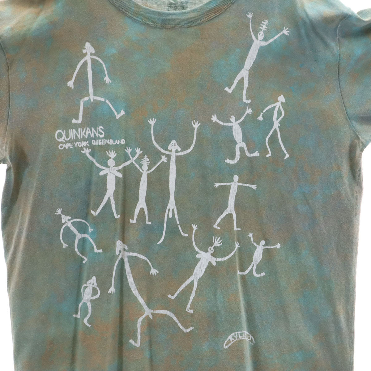 90s オールド QUINKANS 岩絵 半袖 Tシャツ カーキグレー系 シングルステッチ アート メンズ