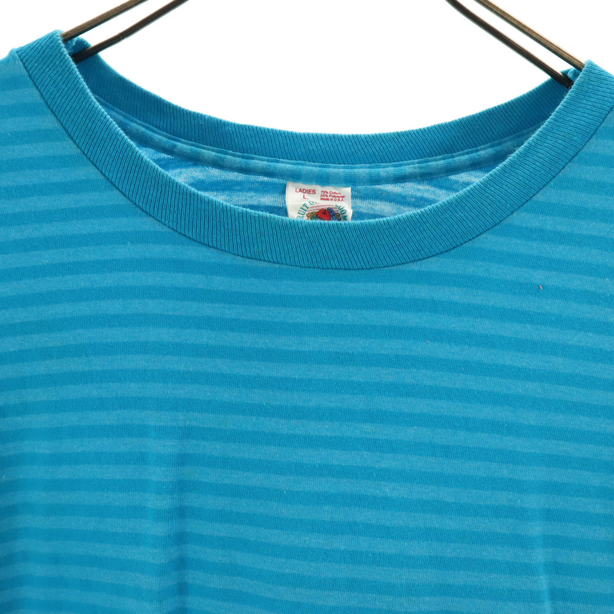 FRUIT OF THE LOOM フルーツオブザルーム 90s USA製 オールド ボーダー柄 半袖 Tシャツ L 水色 シングルステッチ レディース