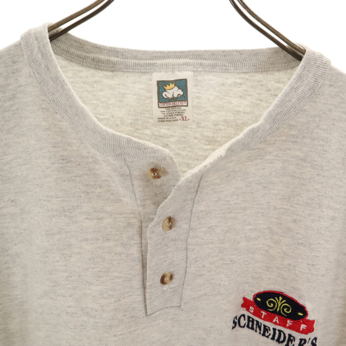 COTTON DELUXE コットンデラックス 90s USA製 オールド 半袖 ヘンリーネック Tシャツ XL グレー シングルステッチ メンズ