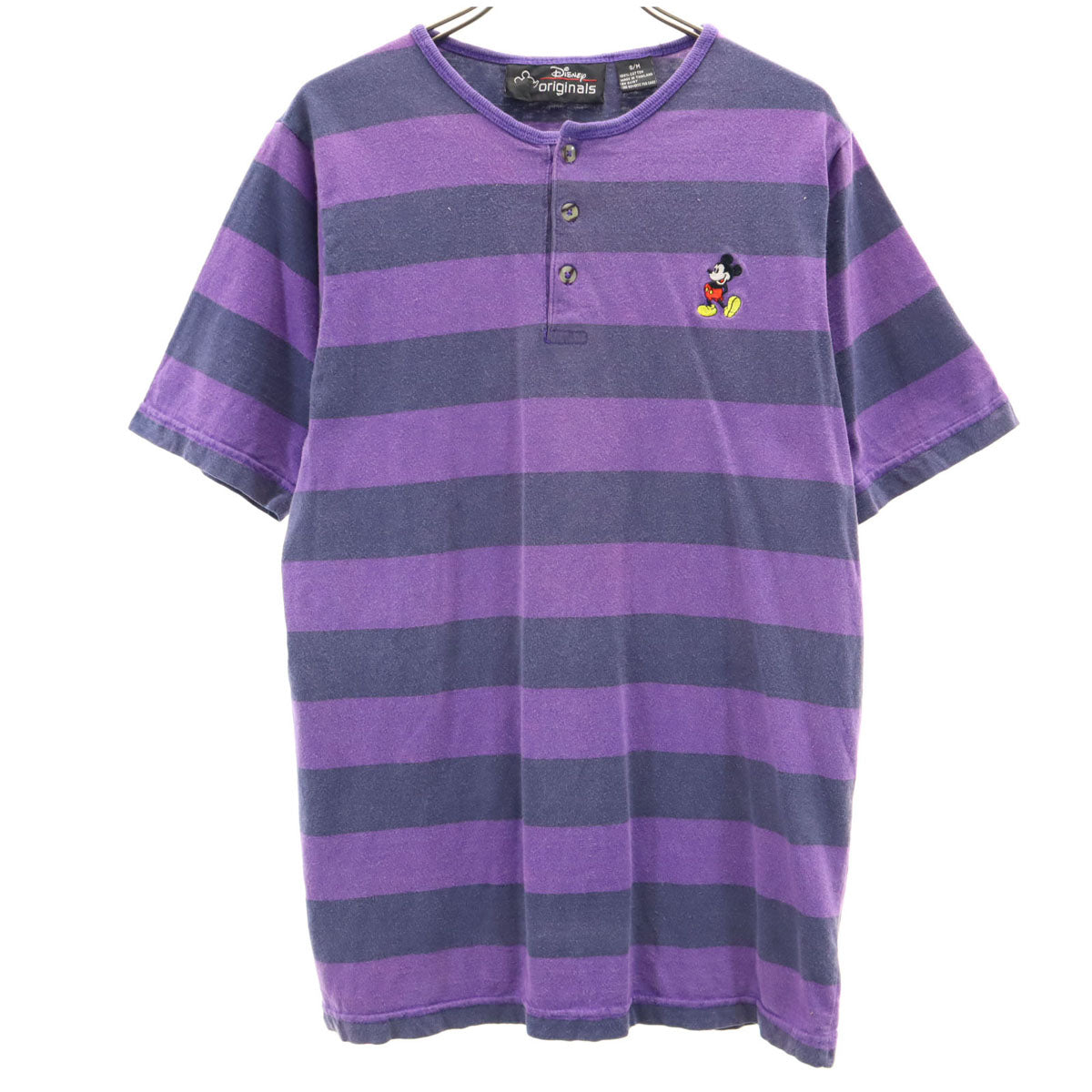 Disney ディズニー originals ミッキーマウス オールド ボーダー 半袖 ヘンリーネック Tシャツ S/M パープル×ネイビー メンズ