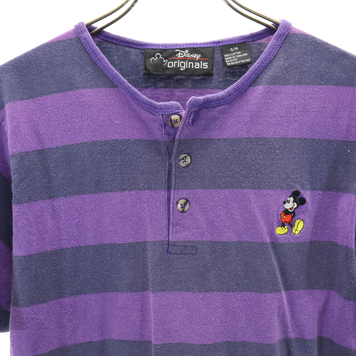 Disney ディズニー originals ミッキーマウス オールド ボーダー 半袖 ヘンリーネック Tシャツ S/M パープル×ネイビー メンズ