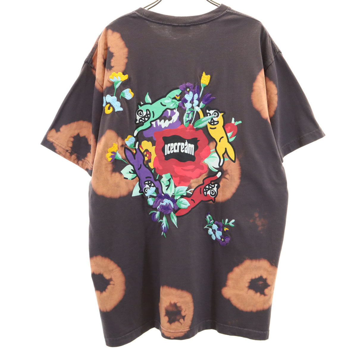 ICE CREAM アイスクリーム バックロゴ 半袖 染め加工 ディッパー Tシャツ L チャコールブラウン 花刺繍 メンズ