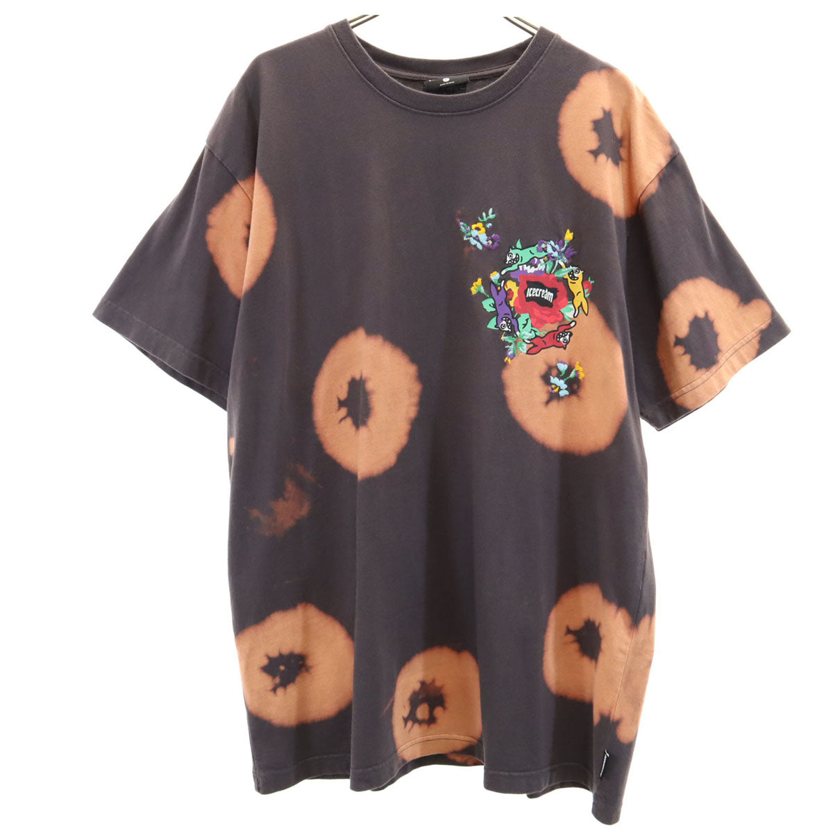 ICE CREAM アイスクリーム バックロゴ 半袖 染め加工 ディッパー Tシャツ L チャコールブラウン 花刺繍 メンズ