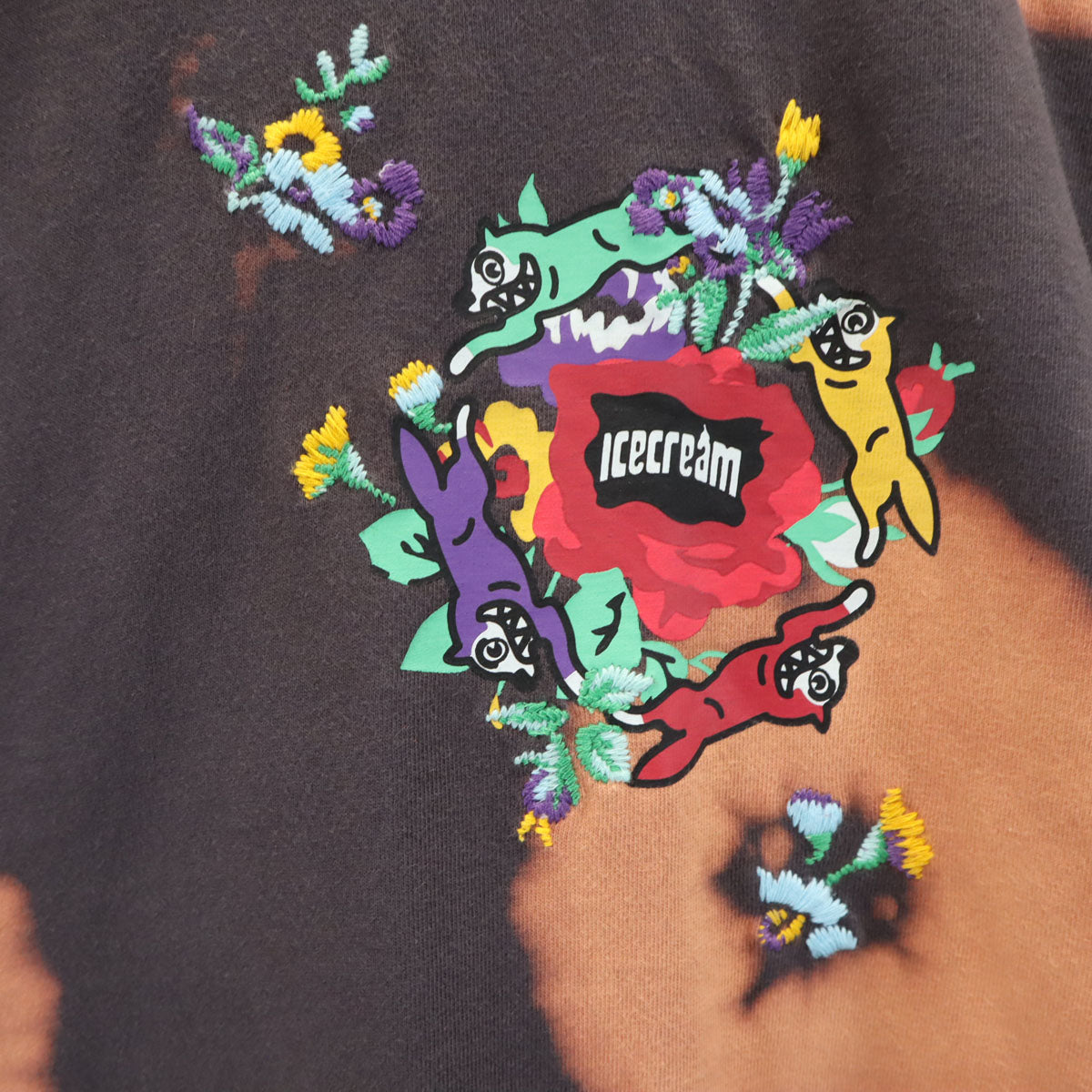 ICE CREAM アイスクリーム バックロゴ 半袖 染め加工 ディッパー Tシャツ L チャコールブラウン 花刺繍 メンズ