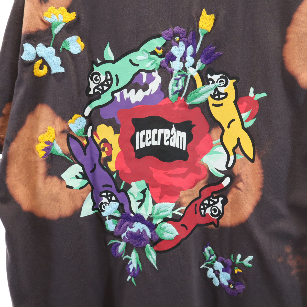 ICE CREAM アイスクリーム バックロゴ 半袖 染め加工 ディッパー Tシャツ L チャコールブラウン 花刺繍 メンズ