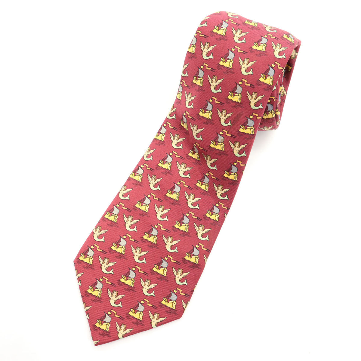 HERMES エルメス フランス製 シルク 総柄 ネクタイ ボルドー メンズ