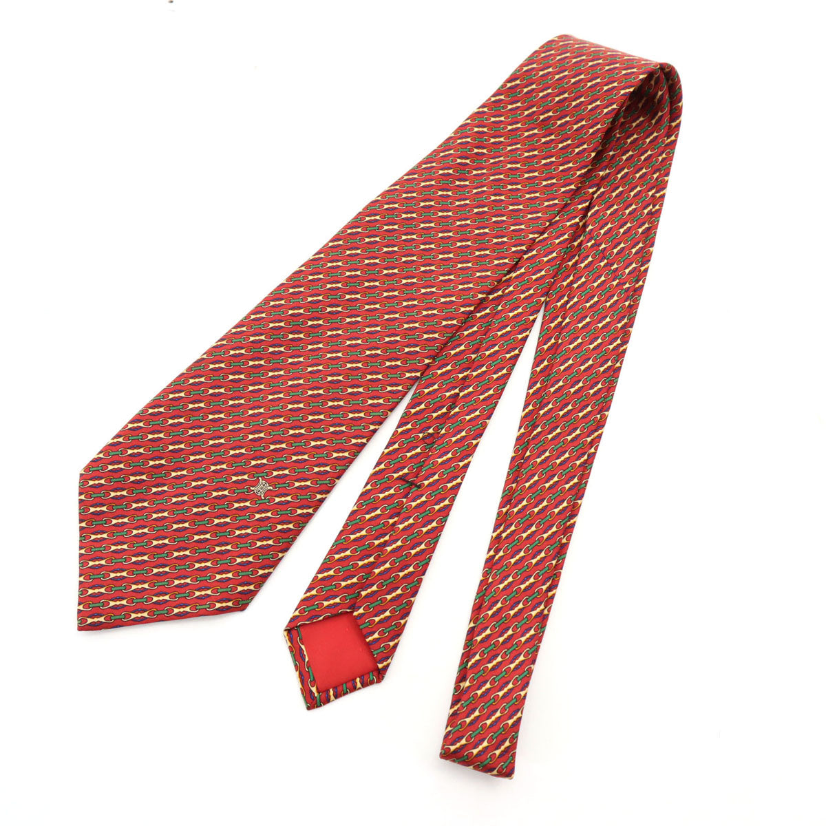 CELINE セリーヌ スペイン製 シルク 総柄 ネクタイ レッド系 メンズ