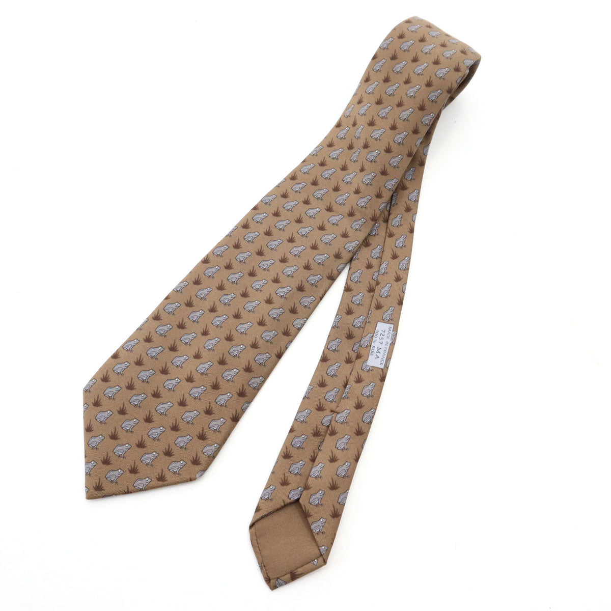 HERMES エルメス フランス製 シルク カエル柄 ネクタイ ブラウン メンズ