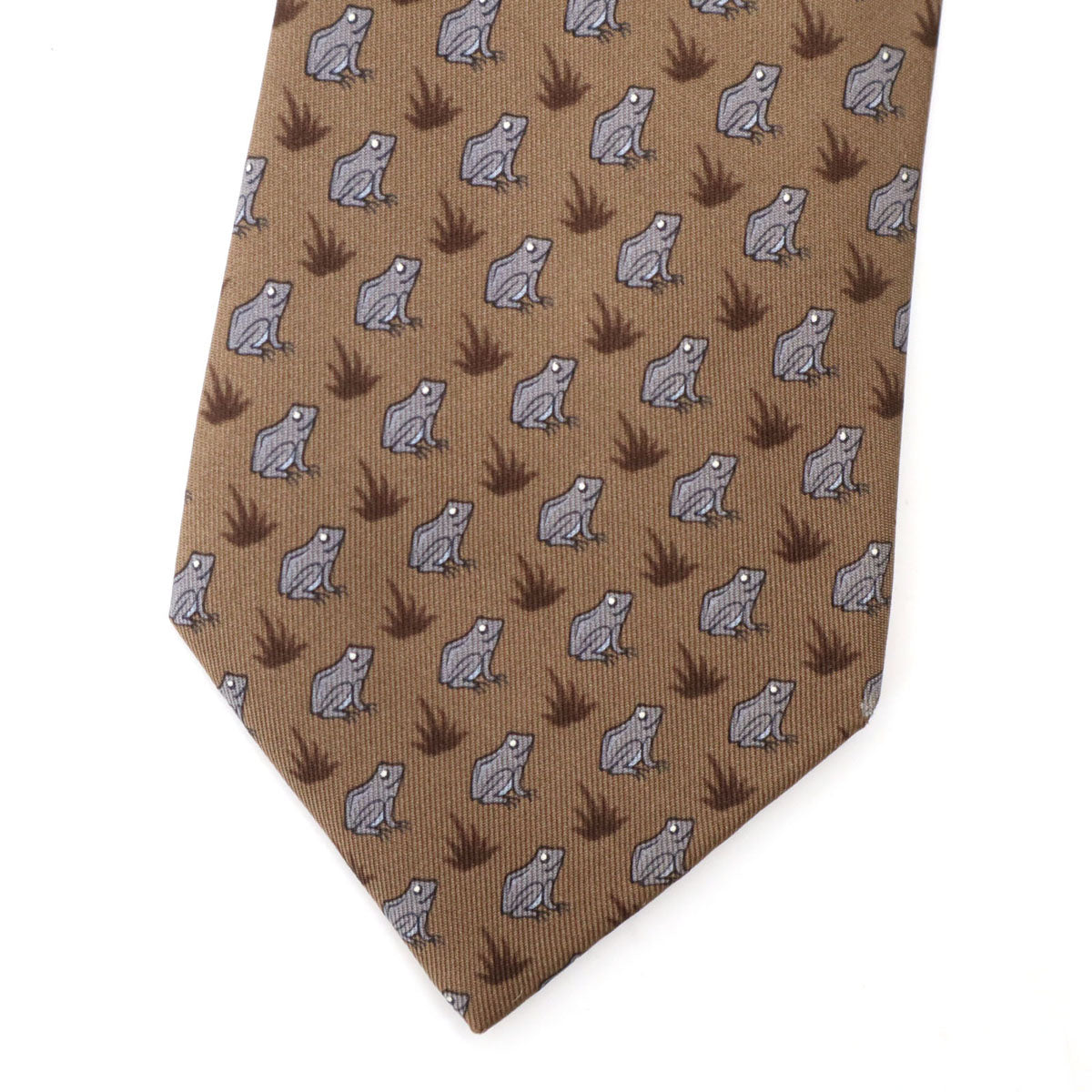 HERMES エルメス フランス製 シルク カエル柄 ネクタイ ブラウン メンズ