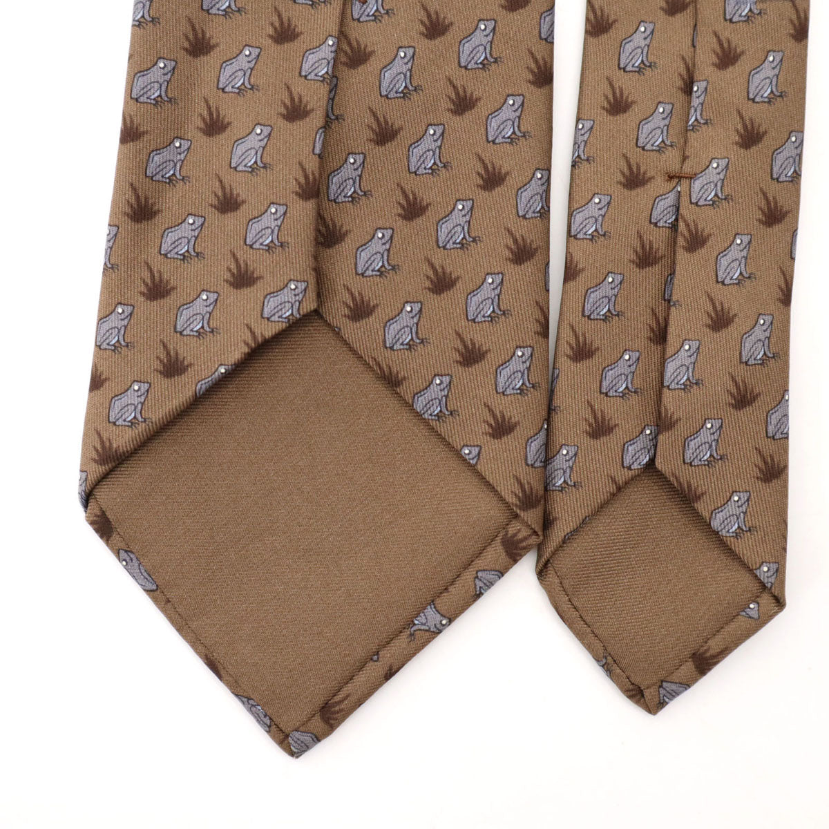 HERMES エルメス フランス製 シルク カエル柄 ネクタイ ブラウン メンズ