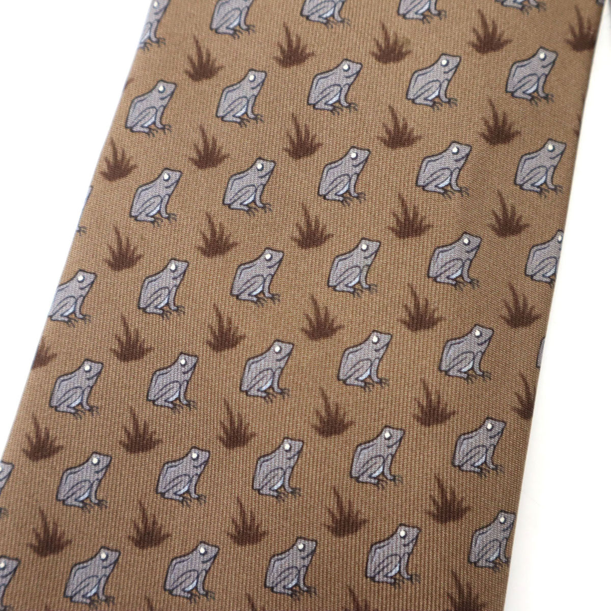 HERMES エルメス フランス製 シルク カエル柄 ネクタイ ブラウン メンズ