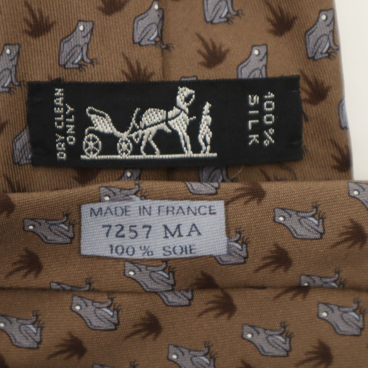 HERMES エルメス フランス製 シルク カエル柄 ネクタイ ブラウン メンズ