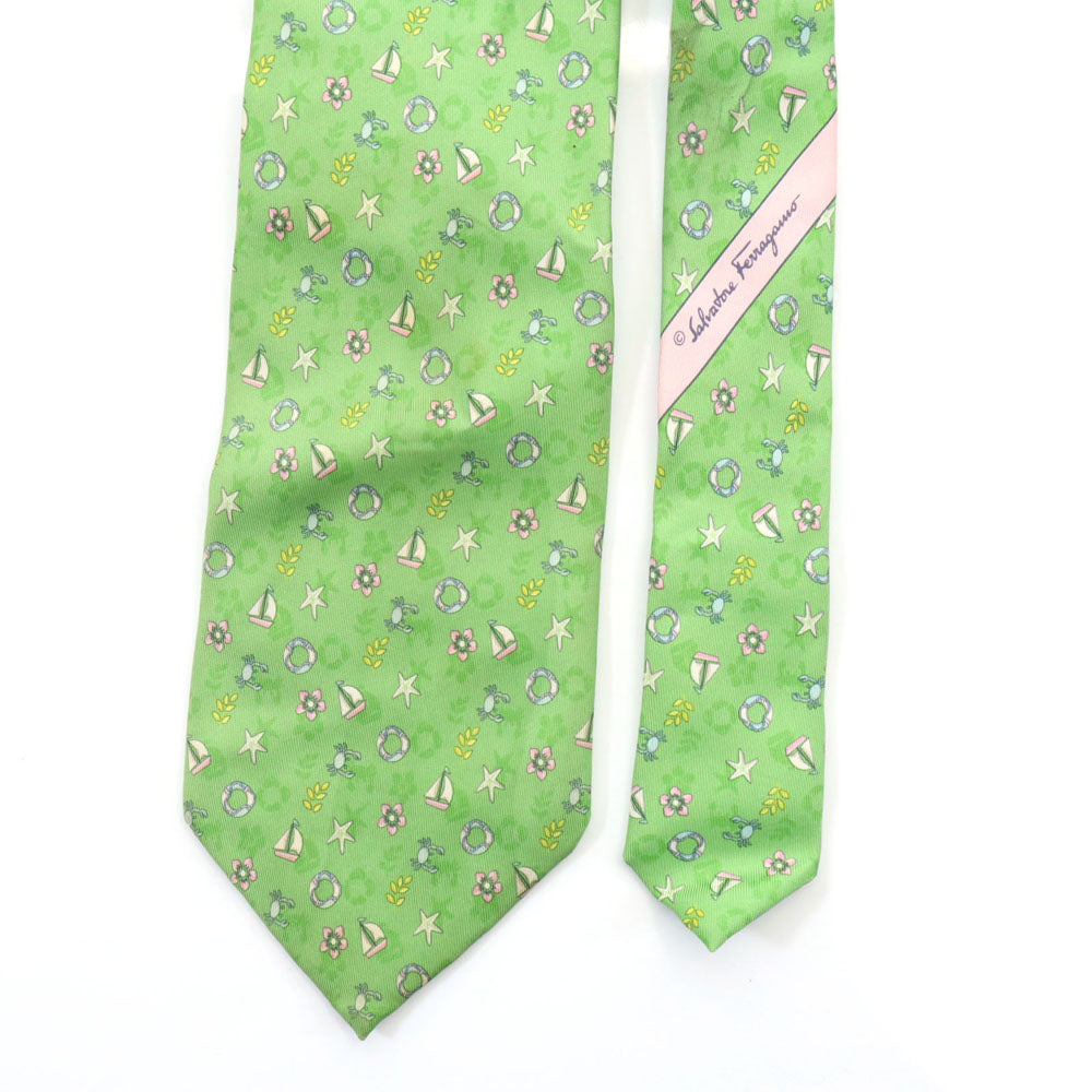 Salvatore Ferragamo サルヴァトーレフェラガモ イタリア製 シルク 総柄 ネクタイ  グリーン系 メンズ