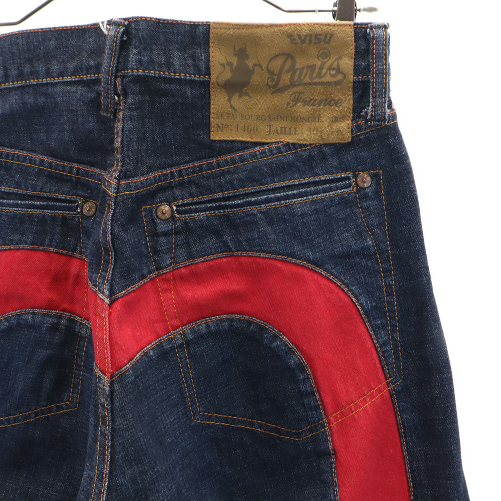 EVISU エヴィス 1460 切抜き大黒 家紋ペイント カモメ 赤耳 デニムパンツ W30 インディゴ PARIS ジーンズ セルビッチ Vステッチ 隠しリベット オフセットベルトループ メンズ