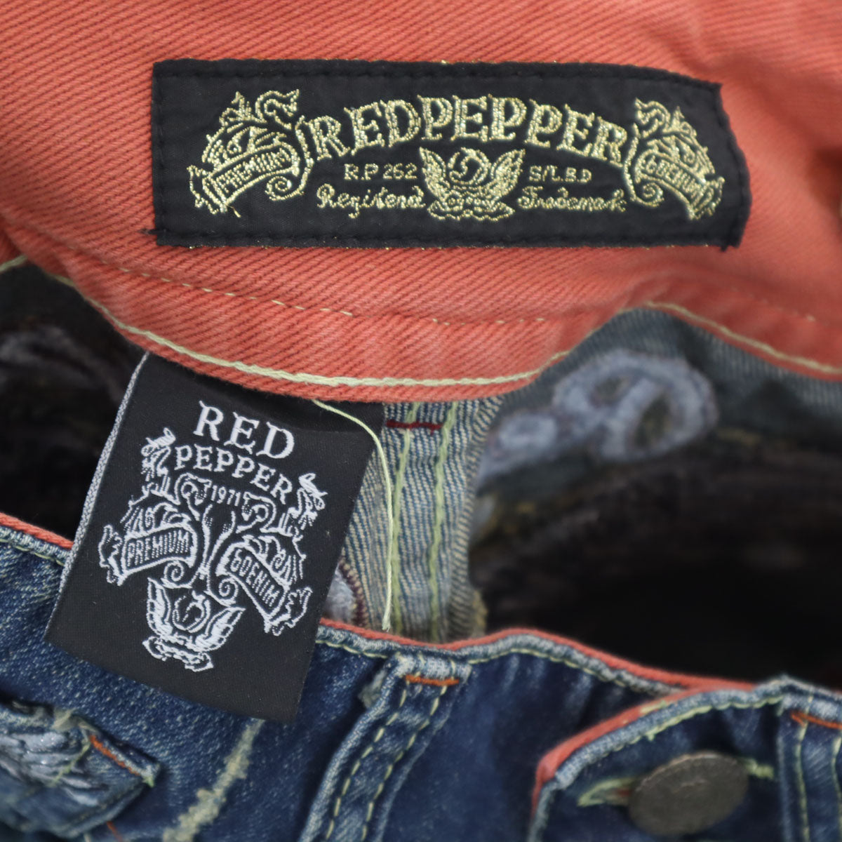 未使用 RED PEPPER レッドペッパー フラッシャー付き バック刺繍 ヴィンテージ加工 ブーツカットデニムパンツ W25 インディゴブルー ジーンズ レディース