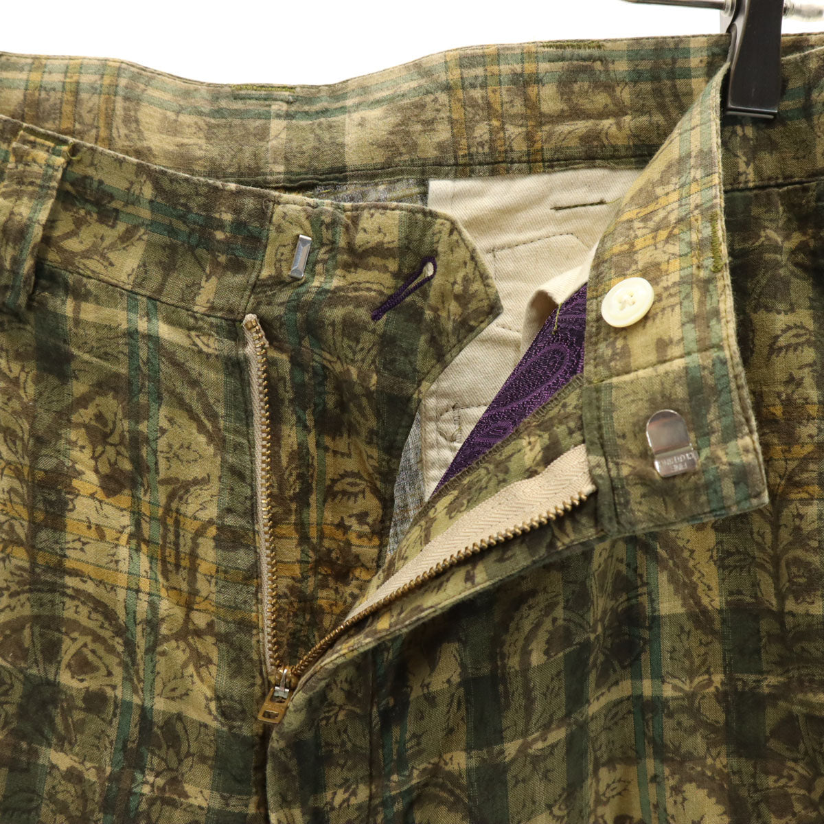 Needles ニードルズ 日本製 チェック 総柄 ストレートパンツ S ベージュ シンチバック メンズ