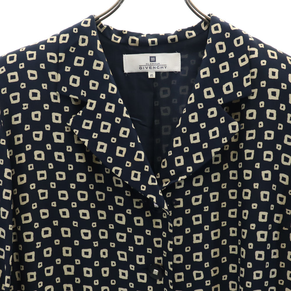 ジバンシィ 90s 日本製 シルク100％ オールド 総柄 5分袖 シャツワンピース 15 ネイビー系 GIVENCHY レディース
