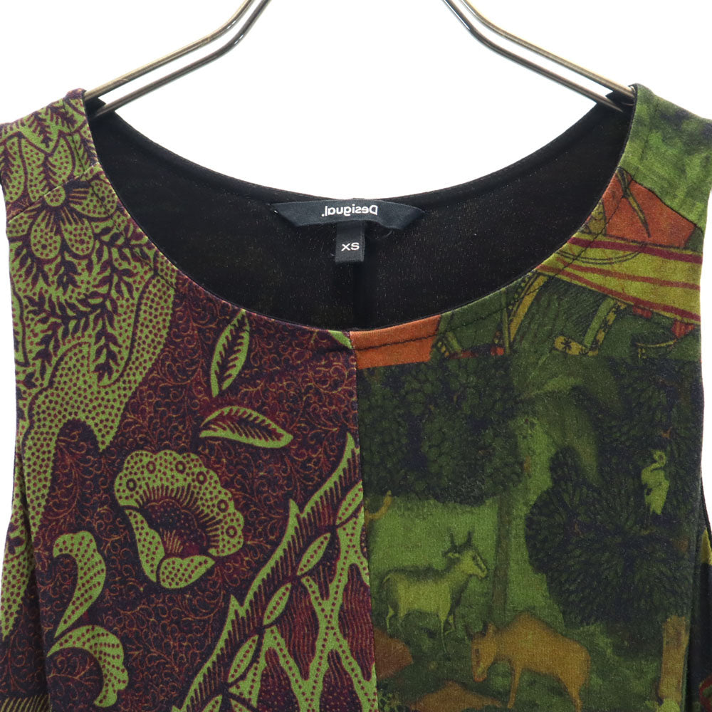 Desigual デシグアル 総柄 ノースリーブ ロングワンピース XS グリーン系 ストレッチ レディース