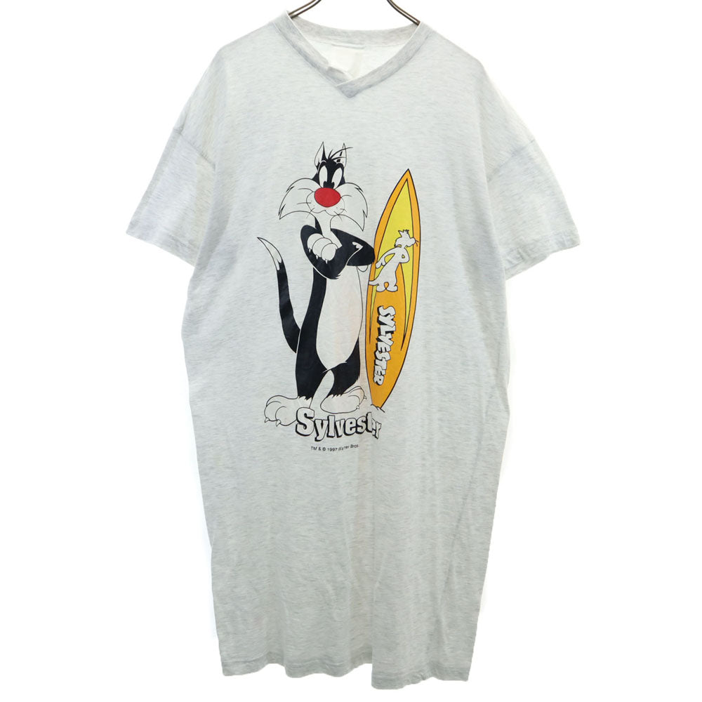 Warner Bros ワーナーブラザーズ 90s オールド ルーニーテューンズ シルベスター 半袖 Tシャツ ワンピース ライトグレー レディース