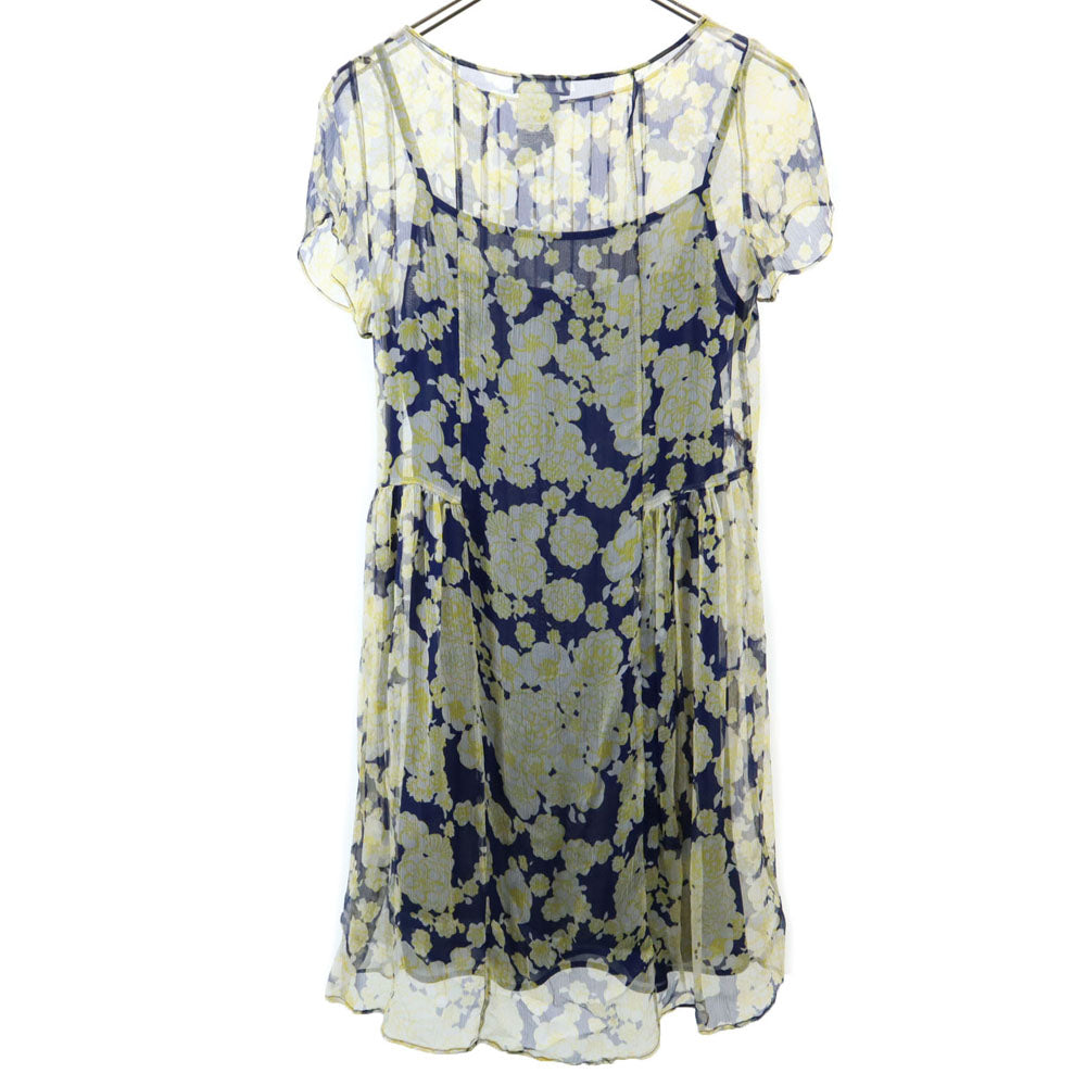 MAX&CO マックスアンドコー シルク 総柄 半袖 シアー ミニワンピース 40 ネイビー系 インナーキャミソール付き レディース