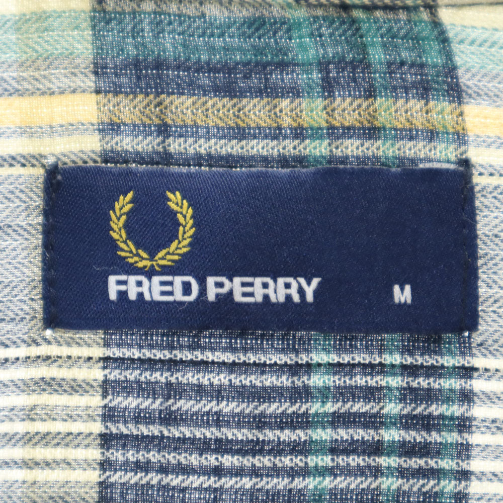 フレッドペリー ヒットユニオン社製 チェック柄 5分袖 シャツワンピース M グリーン系 FRED PERRY ロールアップ レディース