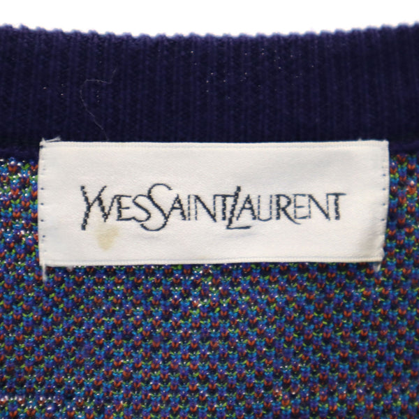 イヴサンローラン 90s 日本製 ウールブレンド オールド 総柄 長袖 ニット ワンピース M ネイビー系 YVES SAINT LAURENT レディース