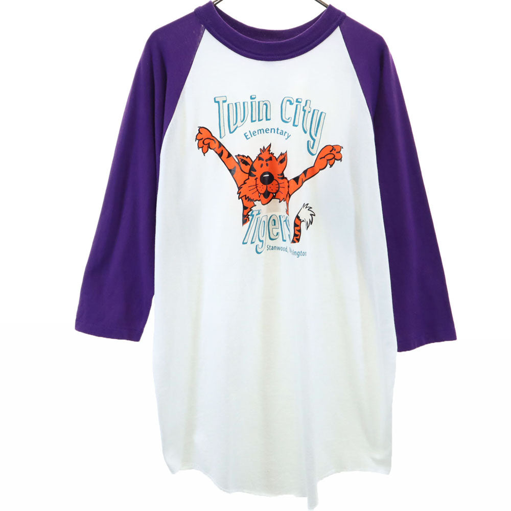 ソフィーシャツ 90s USA製 オールド 7分袖 ラグラン Tシャツ XL 白×パープル SOFFE SHIRTS ロンT メンズ