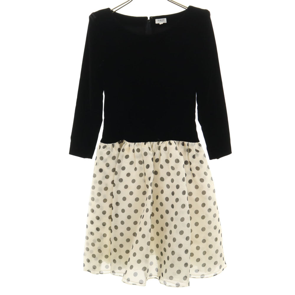 FOXEY フォクシー 日本製 長袖 ドッキング ワンピース 38 黒×白 バックジップ レディース