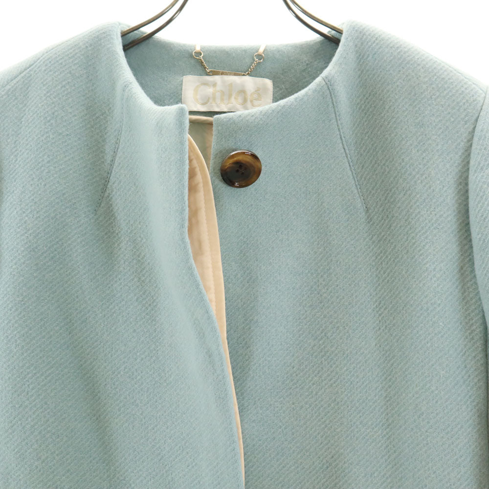 Chloe クロエ フランス製 ノーカラーコート 36 くすみライトブルー系 比翼 レディース