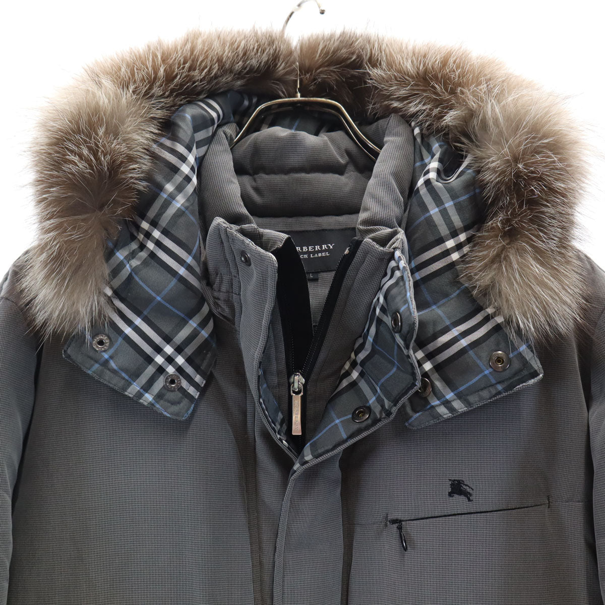 BURBERRY BLACK LABEL バーバリーブラックレーベル ダウンコート L グレー 三陽商会 フォックスファー付き メンズ