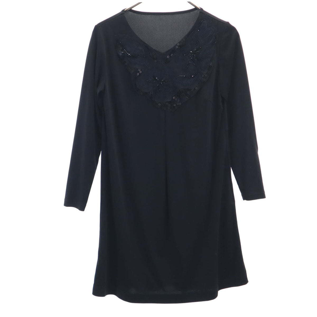 HIROKO BIS ヒロコビス スパンコールデザイン 長袖 Vネック ミニワンピース 9 黒 ストレッチ レディース