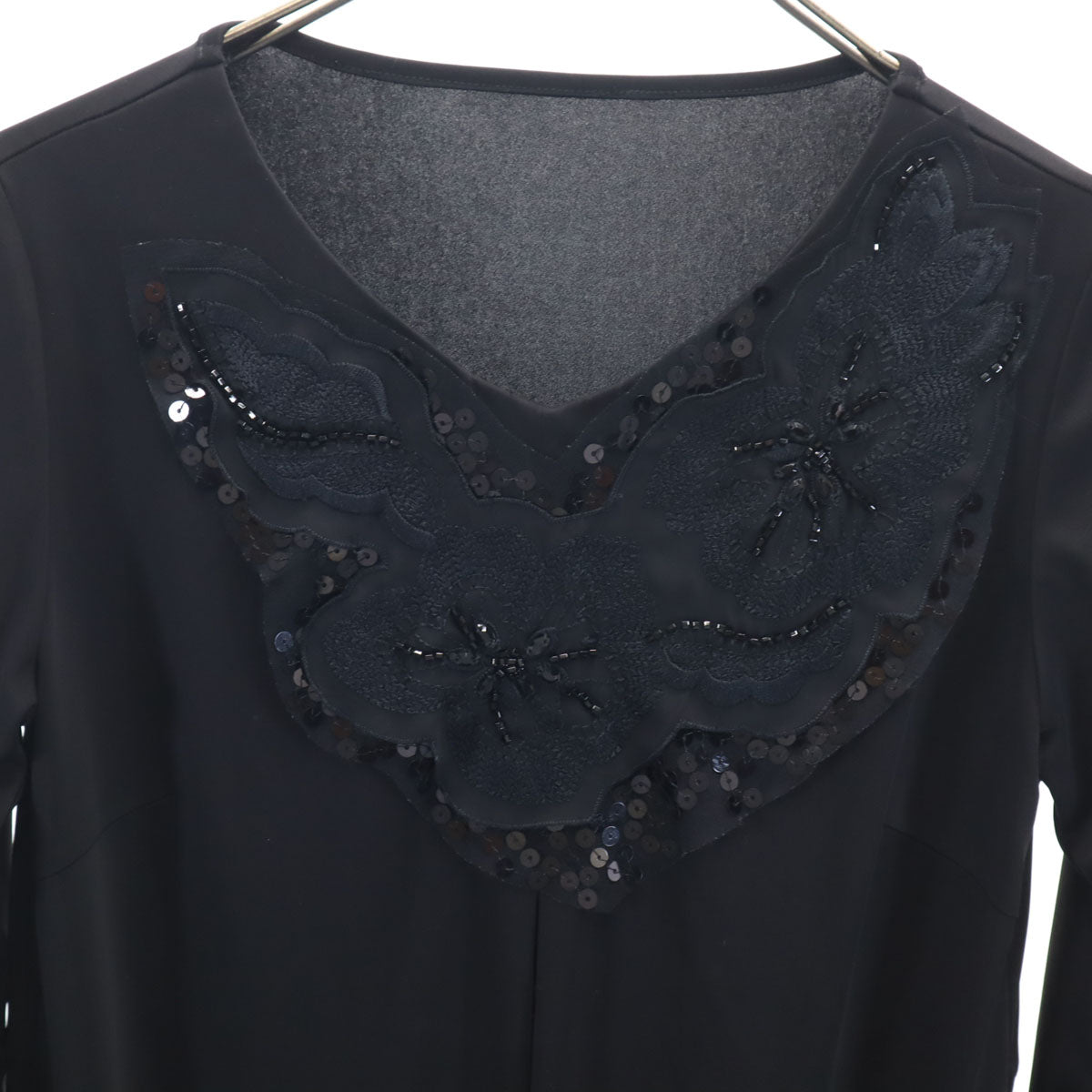 HIROKO BIS ヒロコビス スパンコールデザイン 長袖 Vネック ミニワンピース 9 黒 ストレッチ レディース