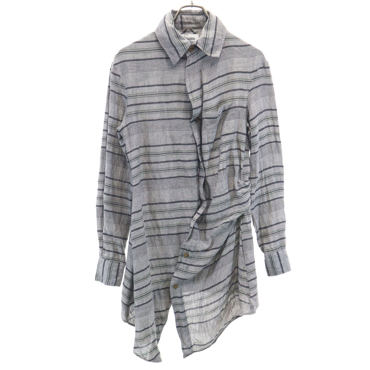 Vivienne WestwoodMAN ヴィヴィアンウエストウッドマン 日本製 オーブ ボーダー柄 長袖 ロングシャツ 44 グレー リネンシャツ メンズ