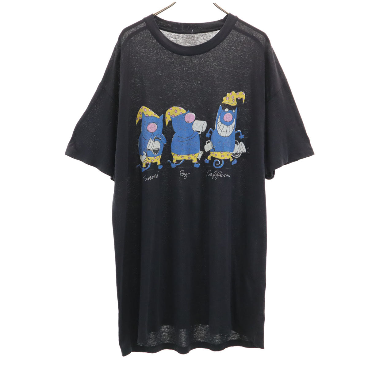 VINTAGE ヴィンテージ 80s アニマル柄 キャット 半袖 ロング Tシャツ ブラック シングルステッチ 猫 メンズ