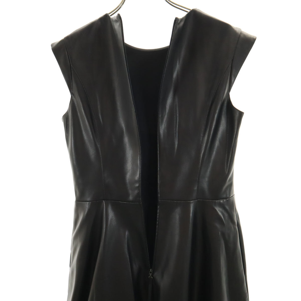 Rene ルネ 日本製 ノースリーブ フェイクレザー 膝丈ワンピース 36 ブラック インナースカート付き レディース
