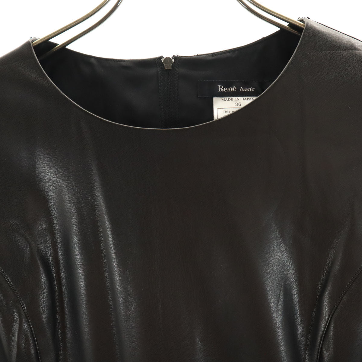 Rene ルネ 日本製 ノースリーブ フェイクレザー 膝丈ワンピース 36 ブラック インナースカート付き レディース