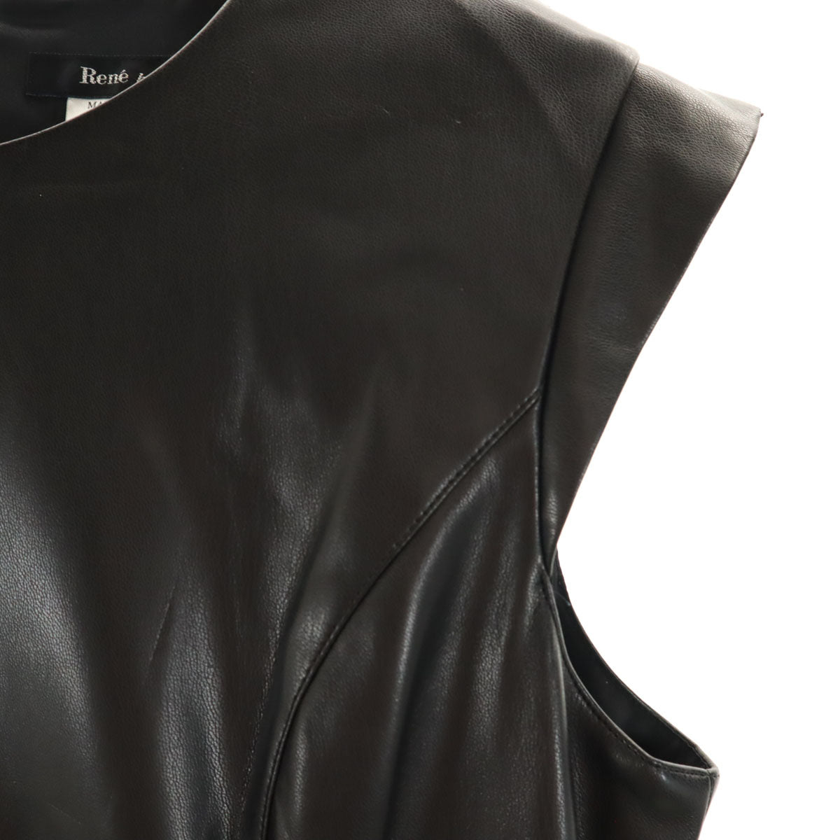 Rene ルネ 日本製 ノースリーブ フェイクレザー 膝丈ワンピース 36 ブラック インナースカート付き レディース
