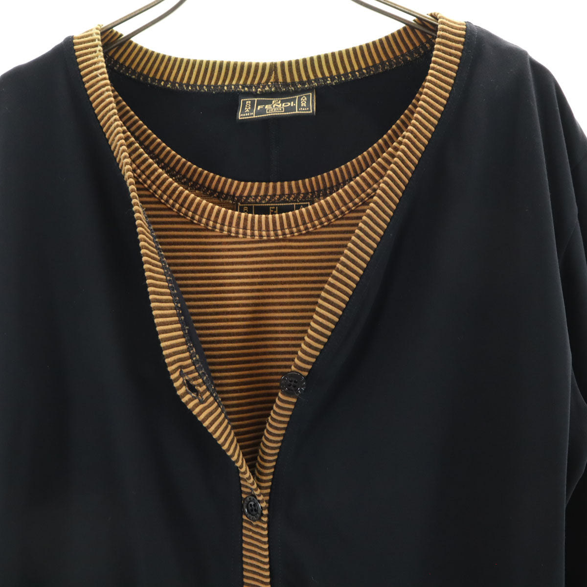 FENDI フェンディ イタリア製 ボーダー柄 長袖 アンサンブル 膝丈ワンピース 46 ネイビー カーディガン レディース