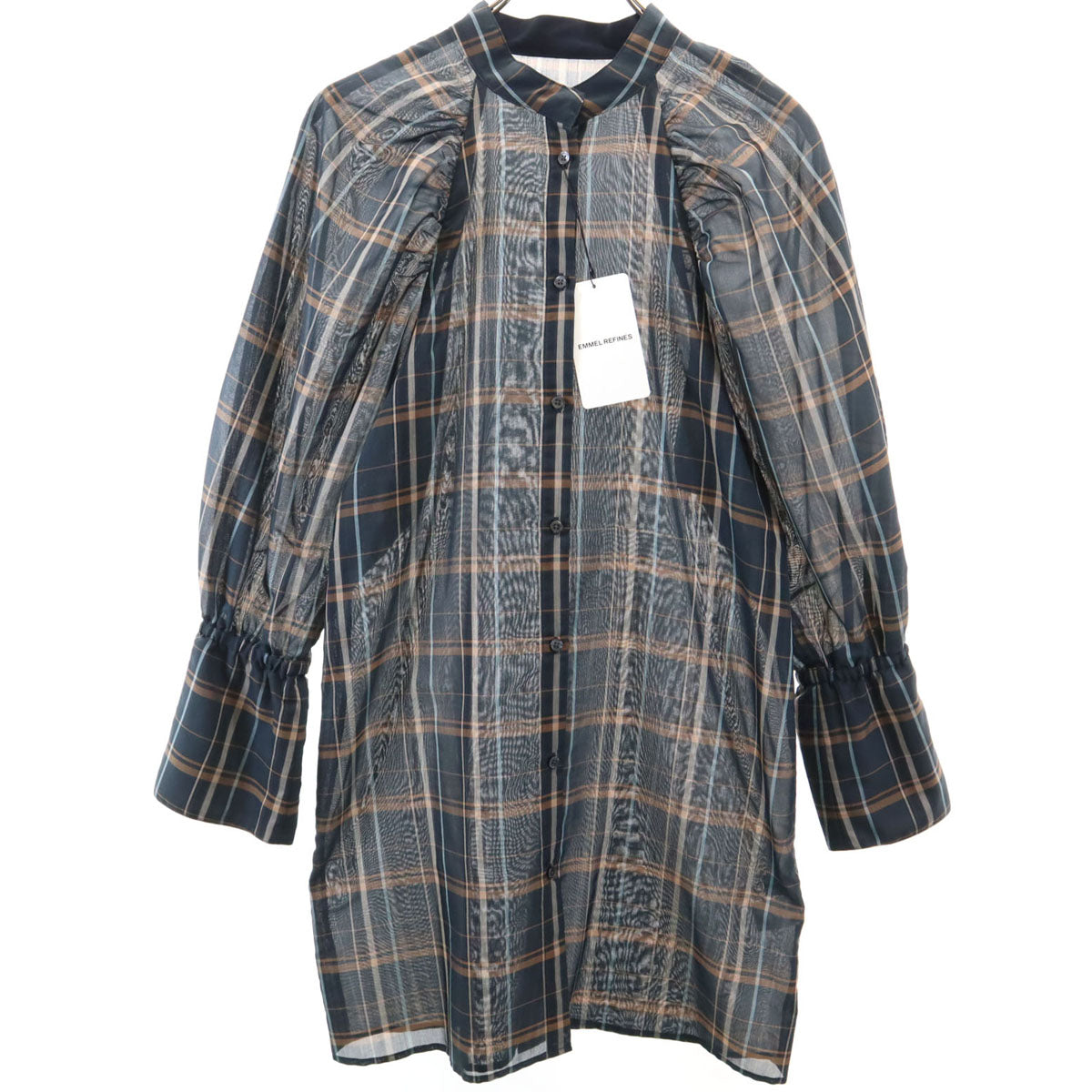未使用 エメル リファインズ チェック柄 長袖 シアー シャツワンピース FREE ネイビー シースルー レディース