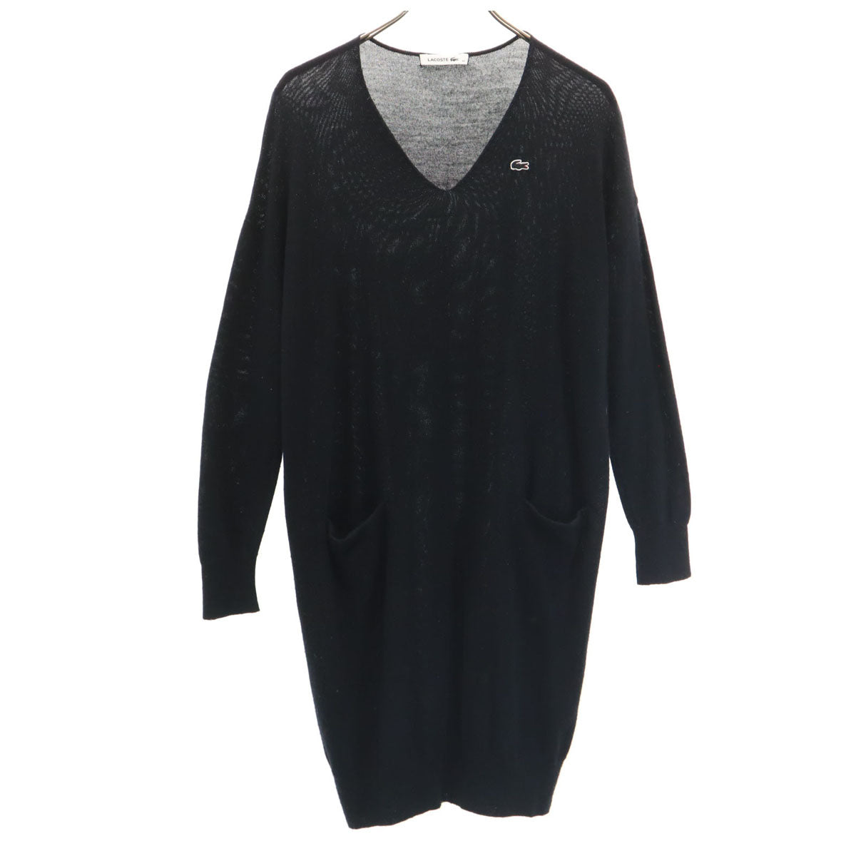LACOSTE ラコステ 日本製 ウール100% 長袖 Vネック ワンピース 36 ブラック レディース