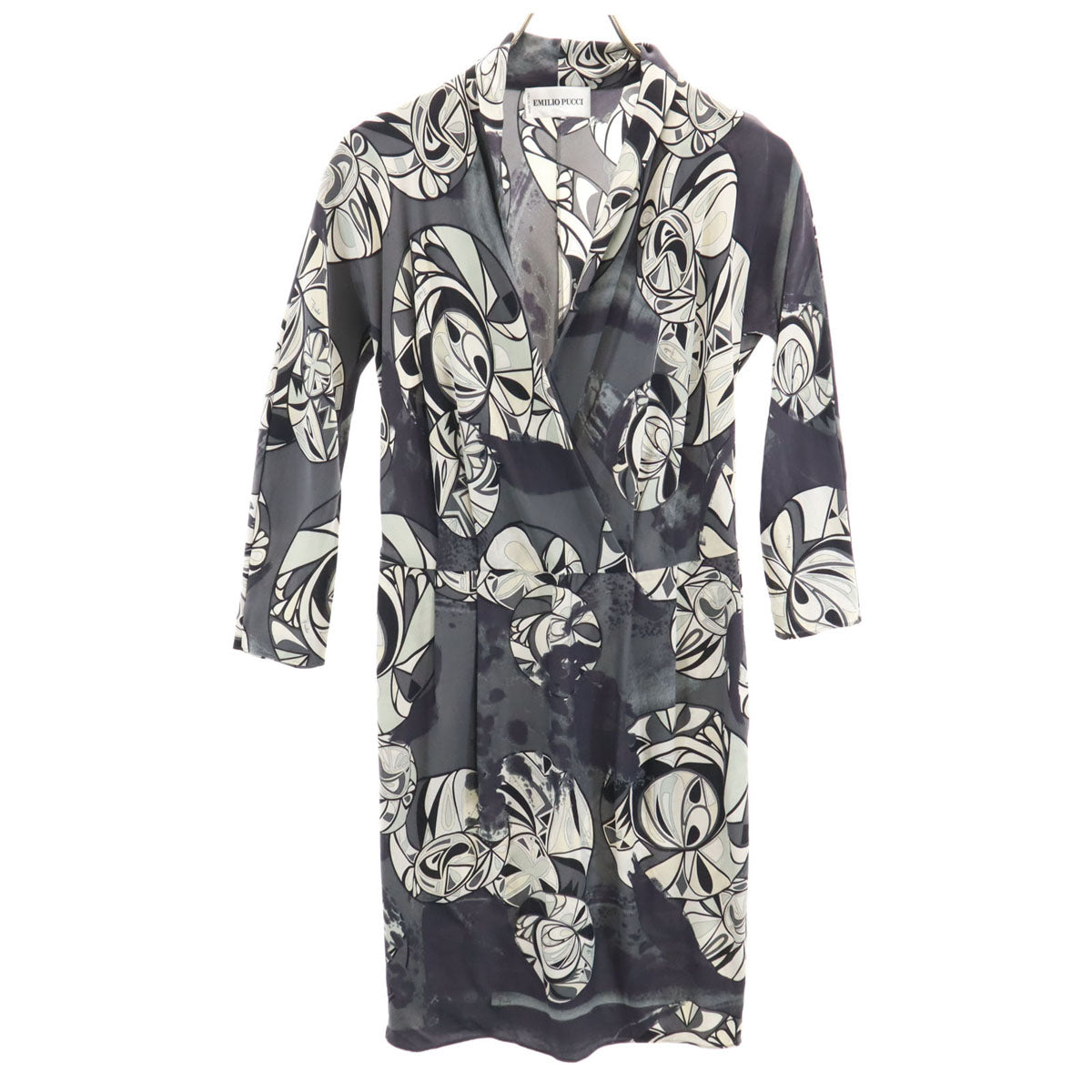 Emilio Pucci エミリオプッチ イタリア製 シルク 総柄 7分袖 カシュクール ワンピース 38 グレー レディース