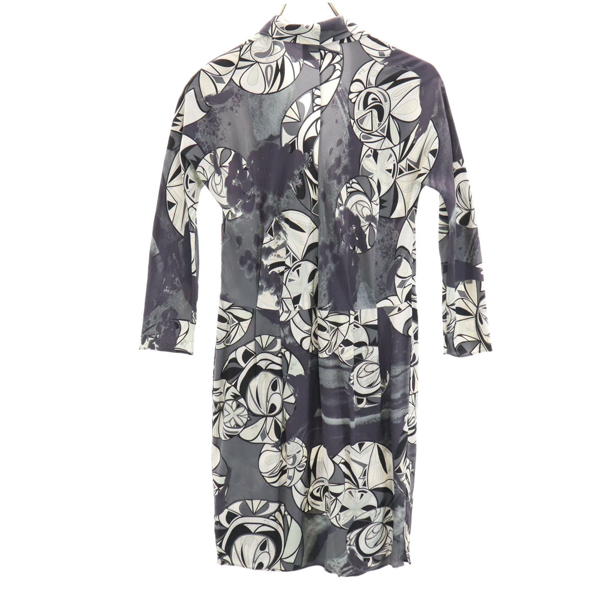 Emilio Pucci エミリオプッチ イタリア製 シルク 総柄 7分袖 カシュクール ワンピース 38 グレー レディース