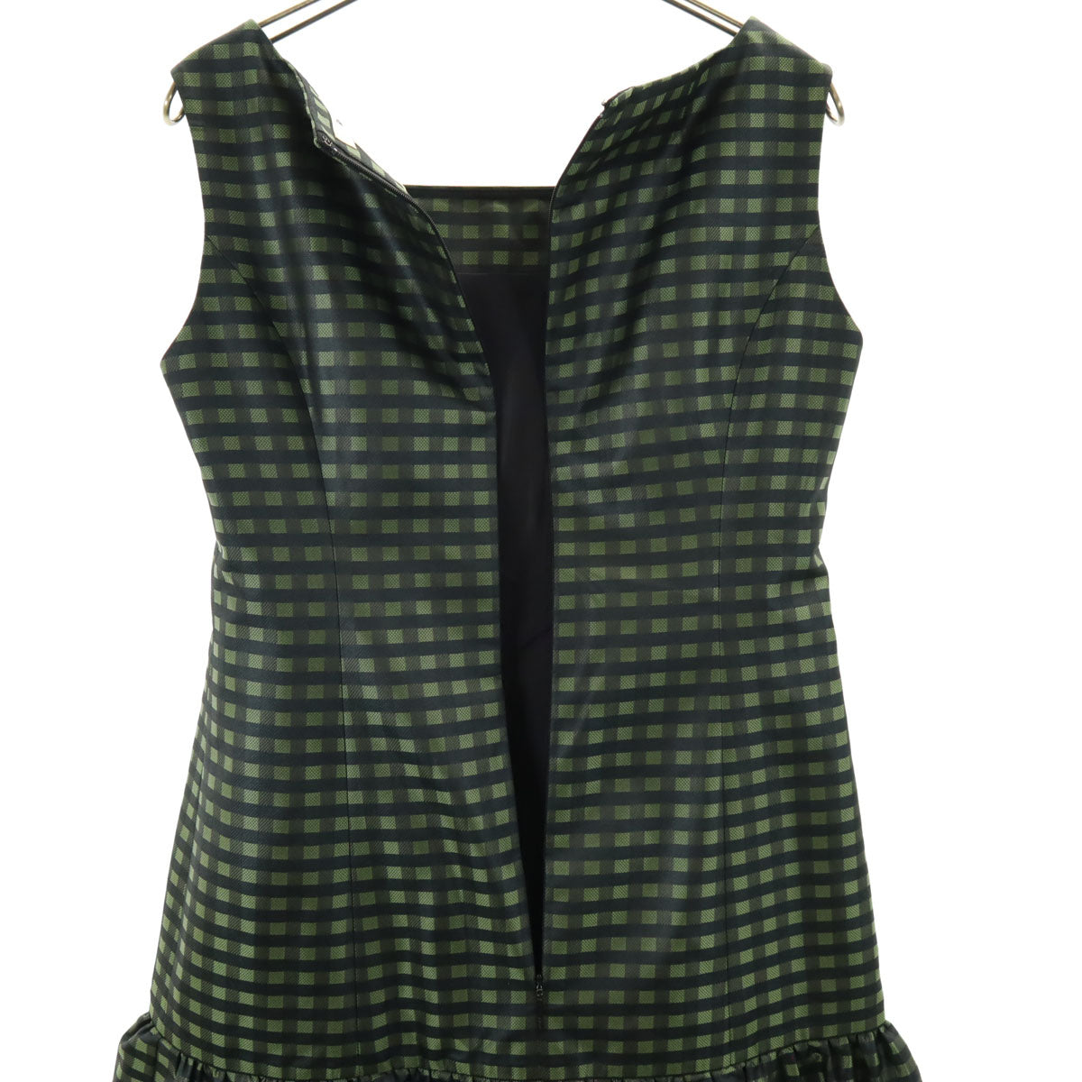 Rene ルネ 日本製 ギンガムチェック柄 ノースリーブ 裾フリル ワンピース 36 グリーン系 レディース