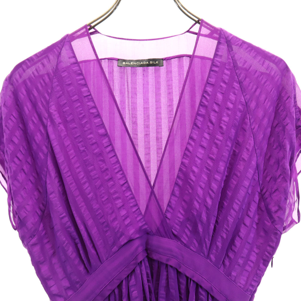 BALENCIAGA.SILK バレンシアガ シルク 半袖 Vネック ワンピース 38 パープル フレンチスリーブ レディース