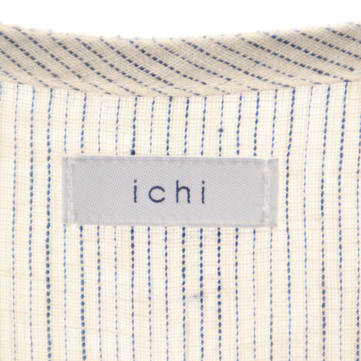 ichi イチ 日本製 リネン ストライプ柄 長袖 ボートネック ワンピース アイボリー レディース