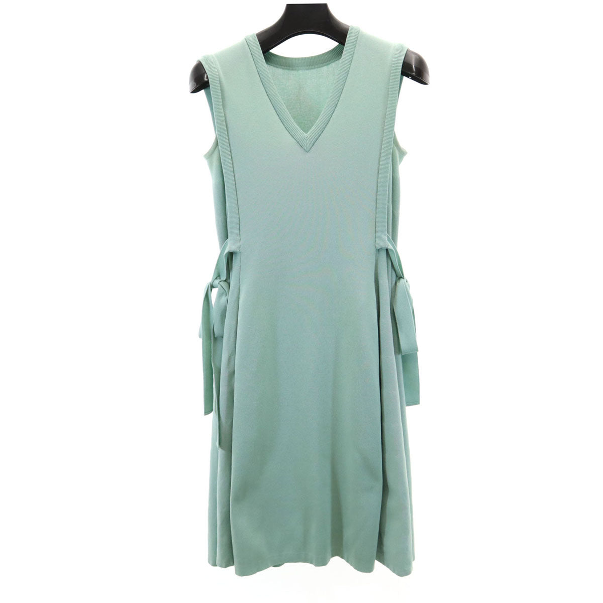 FOXEY フォクシー 日本製 ノースリーブ Vネック サイドリボン ニット 膝丈ワンピース 38 ミントグリーン レディース