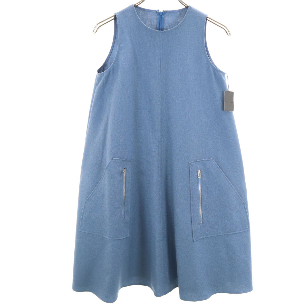 未使用 ESTNATION エストネーション 日本製 リネンブレンド ノースリーブ ZIPポケット ワンピース 36 ブルー レディース