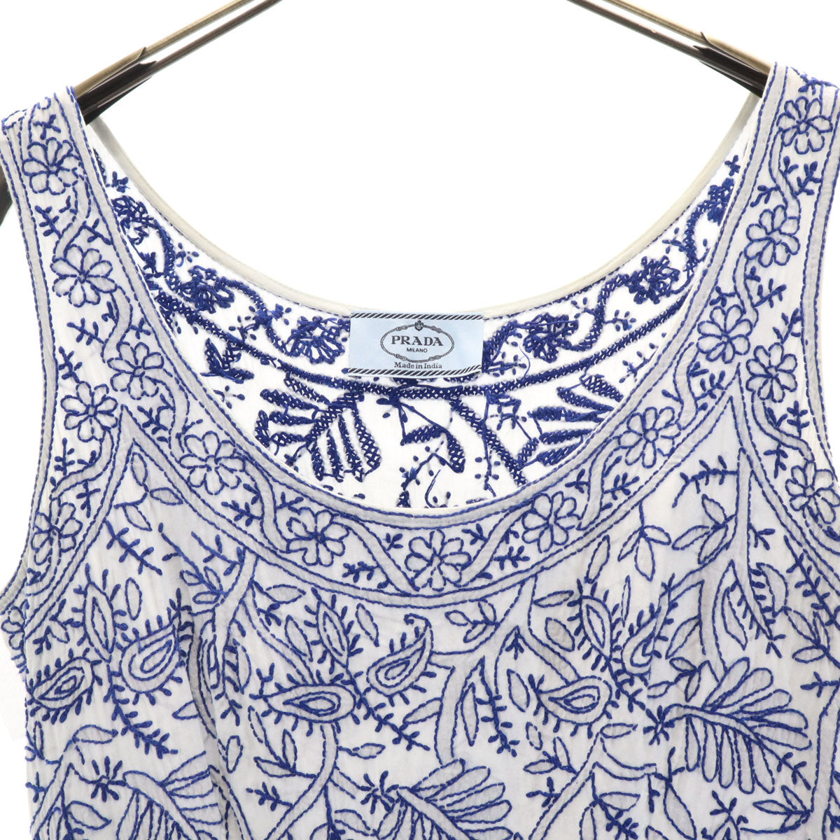 PRADA プラダ リーフ刺繍 ノースリーブ ミニワンピース 38 ホワイト レディース